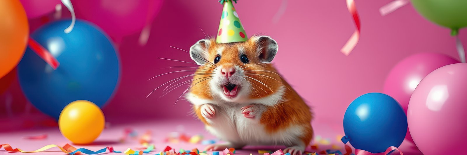 Cute hamster celebrating with a party hat surrounded by colorful balloons and confetti